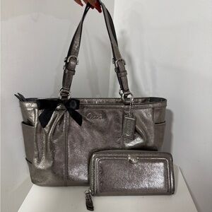 Coach Shimmering Silver Tote and Wallet
